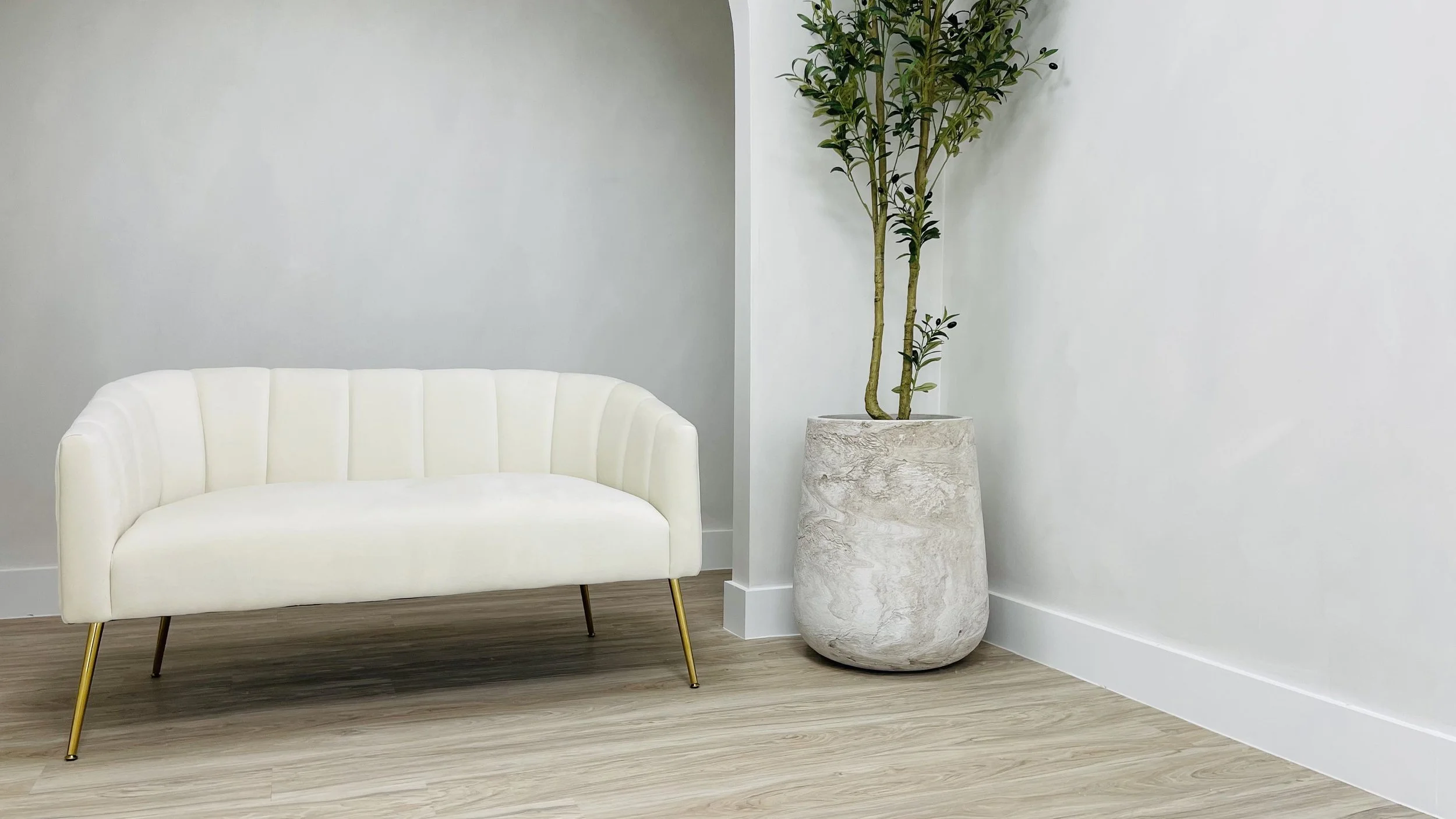 Minimalist living space with a white modern sofa, angled legs with gold accents, next to a large potted green plant in a textured stone planter, against plain light-colored walls and light wooden flooring.