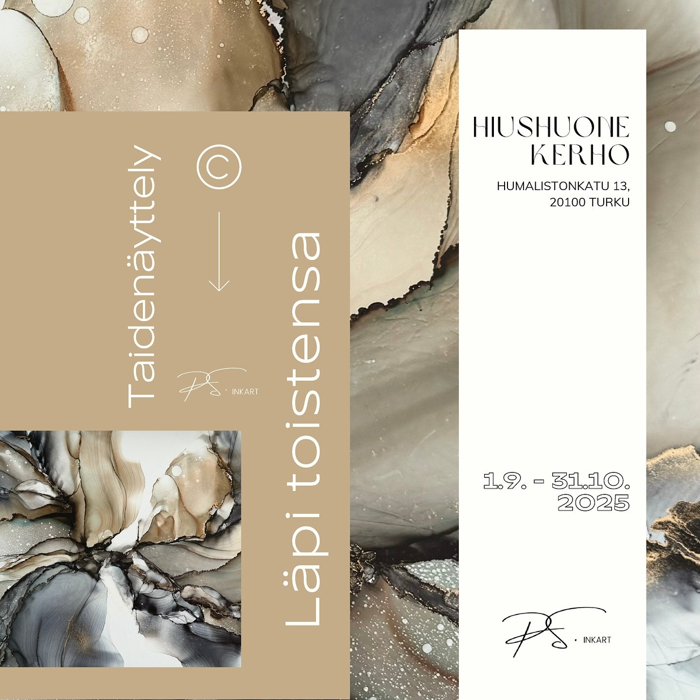 Syksyn taiden&auml;yttelyni &rsquo;L&auml;pi toistensa&rsquo; avautuu maanantaina 1.9. Hiushuone Kerhossa Turussa. N&auml;yttely on n&auml;ht&auml;vill&auml; syys- ja lokakuun ajan!

N&auml;yttelyss&auml; p&auml;&auml;set n&auml;kem&auml;&auml;n, kui