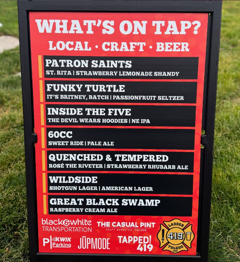 A red and black signboard listing beers on tap, including Patron Saints, Funky Turtle, Inside the Five, 60CC, Quenched & Tempered, Wildside, and Great Black Swamp, with descriptions of each. Location and branding at the bottom with a ladder logo, tra
