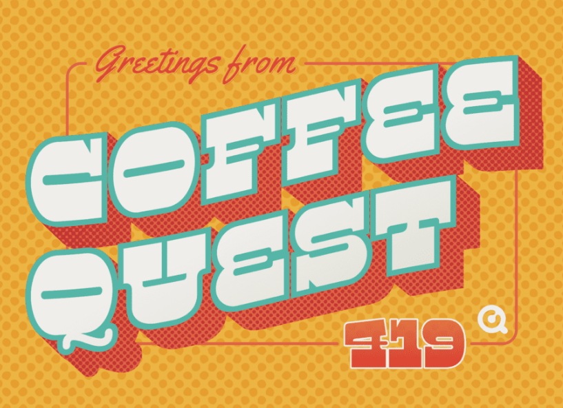 A retro-style greeting card with polka dot orange background and the text 'Greetings from Coffee Quest' in stylized font, with a shadow behind the letters.