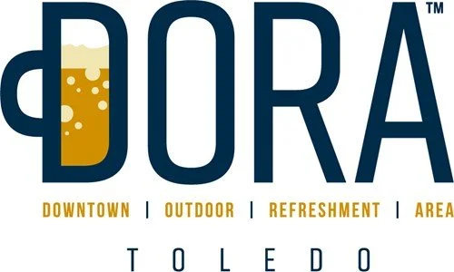 DORA logo with a beer mug replacing the letter D, and words 'Downtown, Outdoor, Refreshment, Area' with 'Toledo' at the bottom.