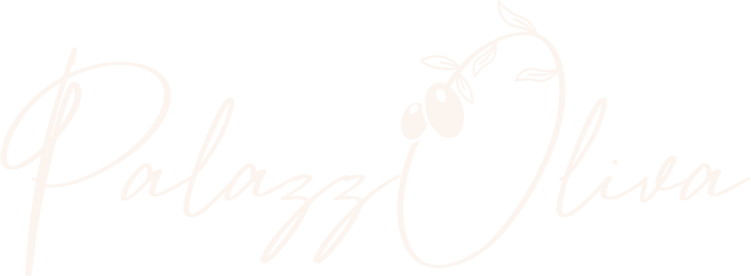 Elegant white logo with the text 'Palazzi Oliva' and a branch with olives above the text.
