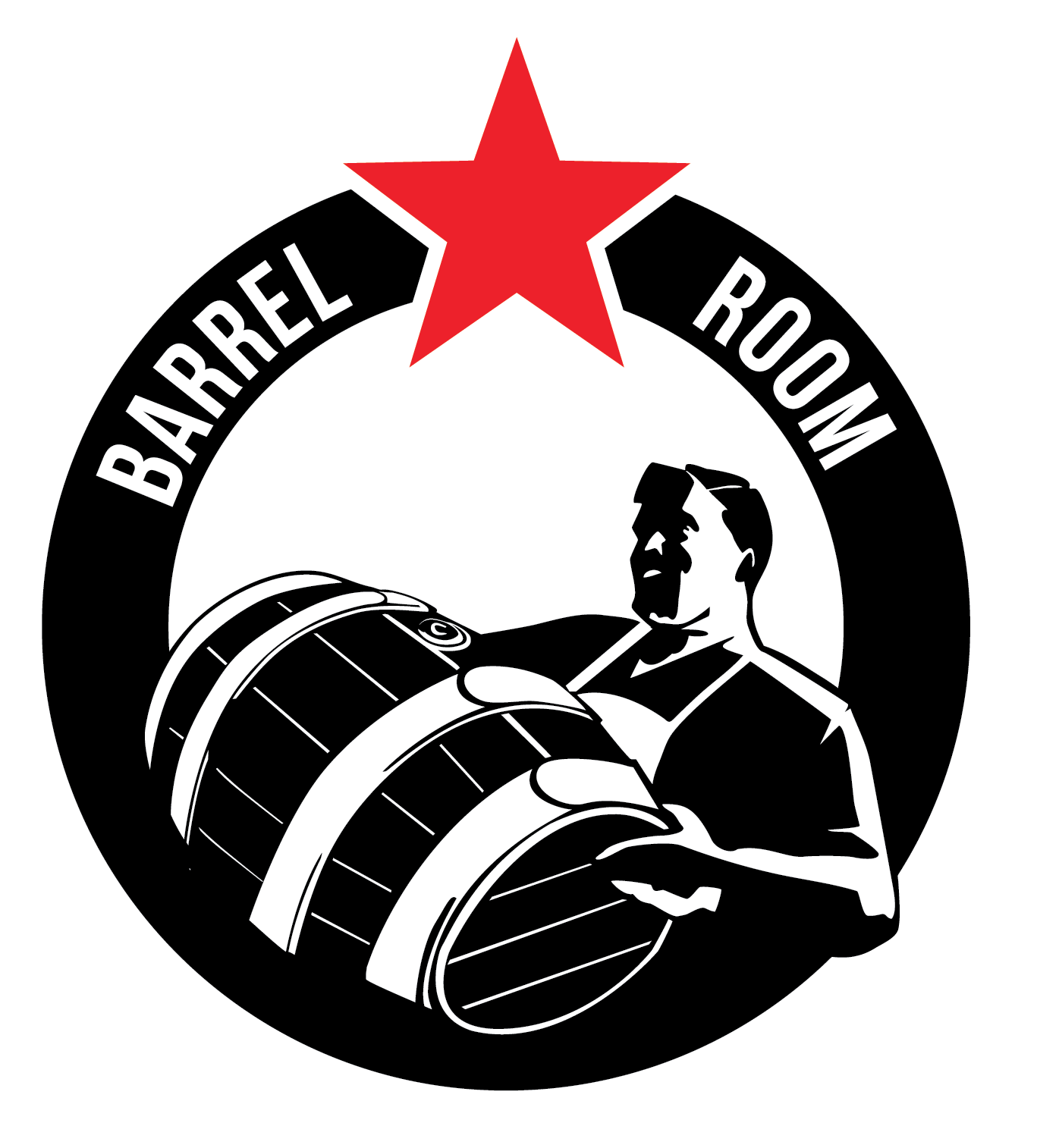 A black circular emblem with a red star at the top and white border. Inside, a man in work clothes is holding a large industrial pipe, with the words 'Barreiro' and 'Room' curved around the top.