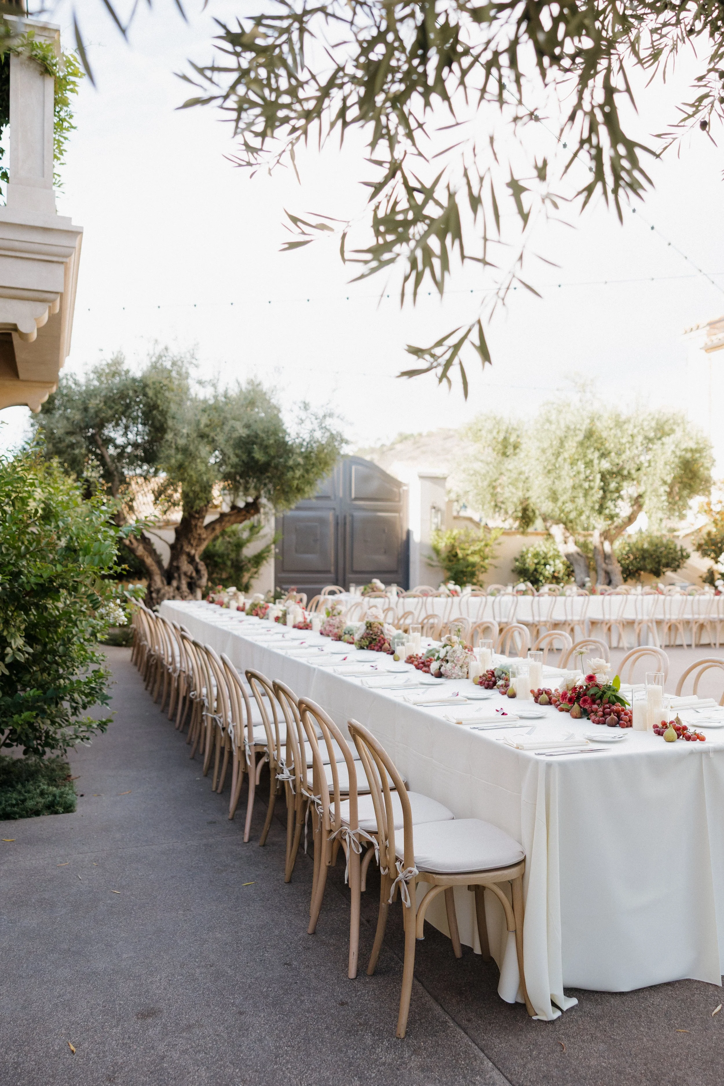 Long outdoor dining table decorated with flower arrangements, grapes, and candles, set up for a gathering in a sunny courtyard surrounded by trees.