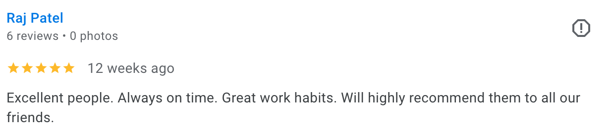 Screenshot of a Google review for Raj Patel, showing a five-star rating and positive comments about the person’s reliability and work habits.