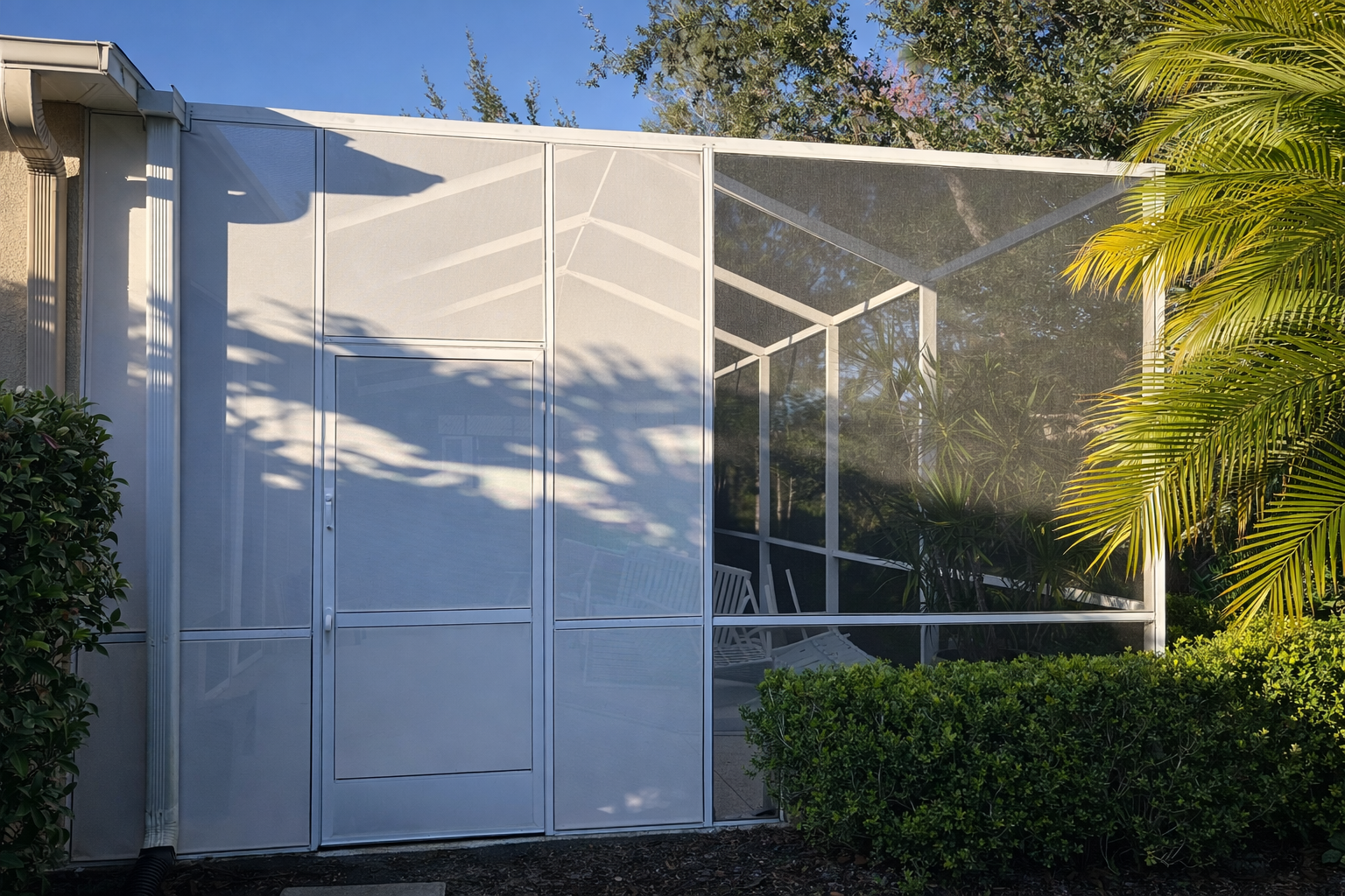 A screened-in outdoor patio enclosure attached to a house, with a door and seating area visible inside, surrounded by greenery and shrubs.