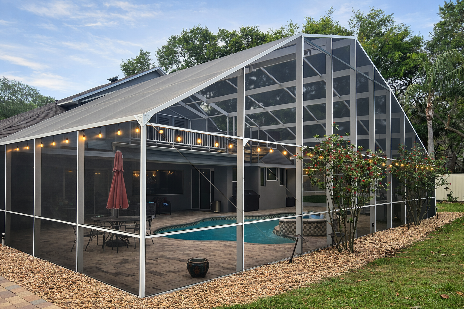 Backyard with screened-in pool enclosure, patio furniture, string lights, and a hot tub, surrounded by trees and grass.