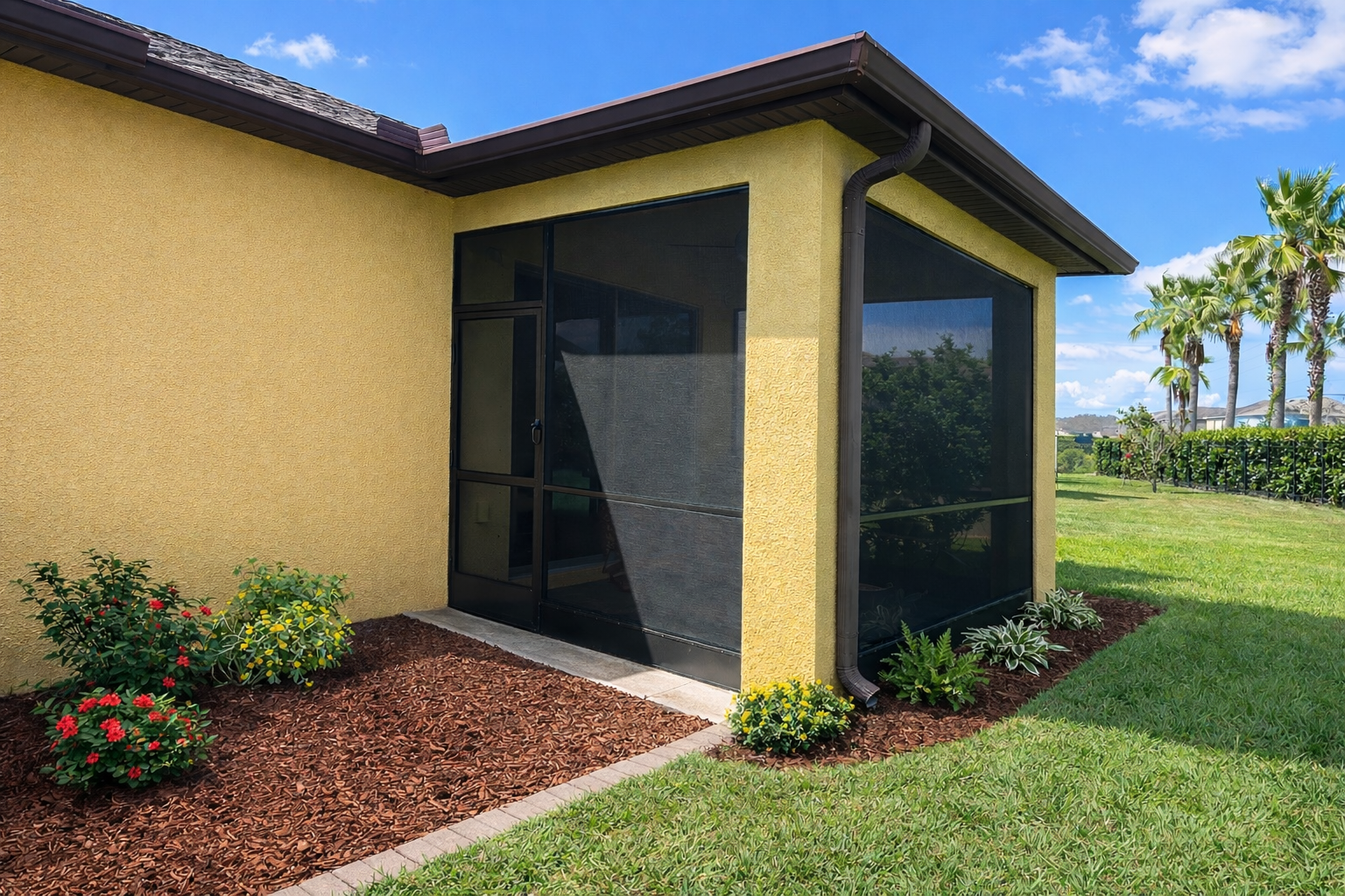 Backyard view of a yellow house with a screened porch, surrounding green lawn, and palm trees in the background under blue sky with clouds.