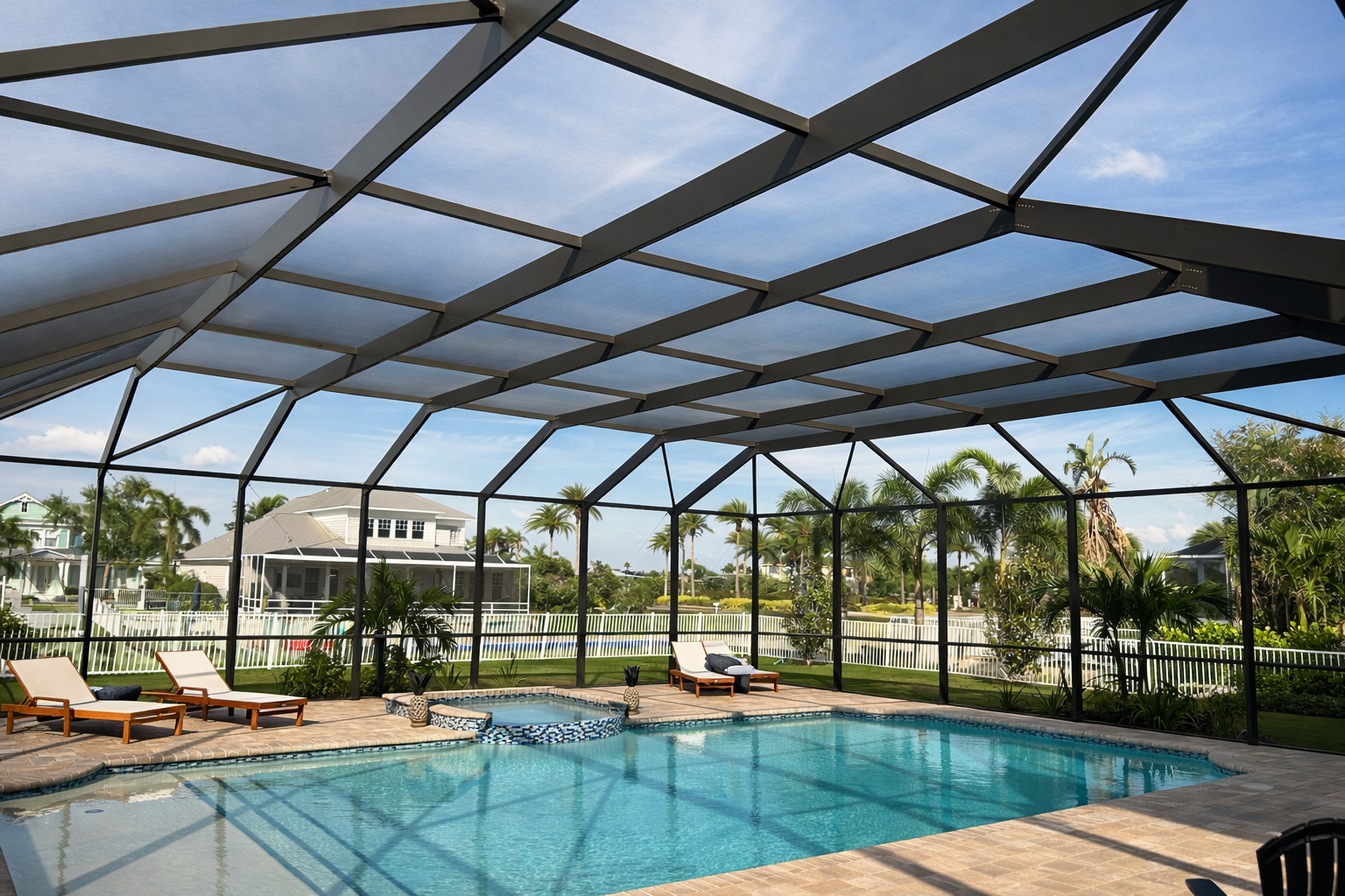 A screened-in backyard pool area with lounge chairs, palm trees, and a clear blue sky.