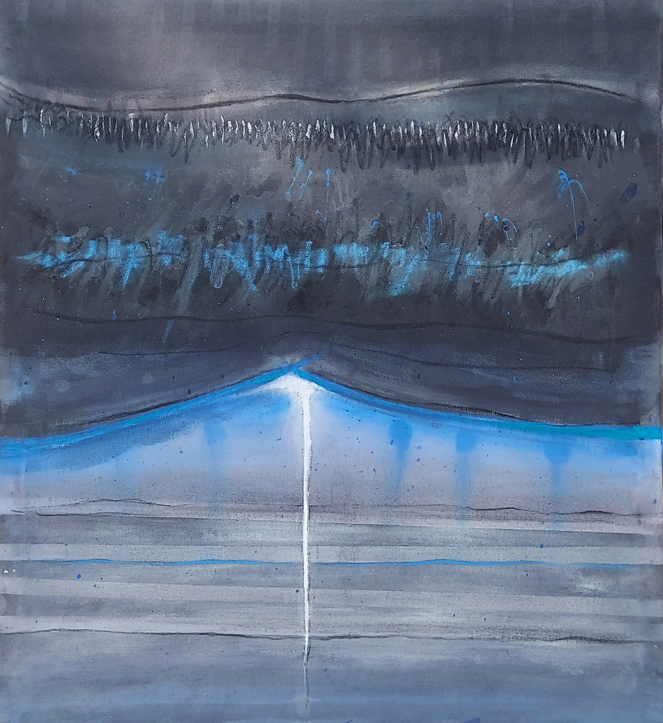 “Anthem: How the Light Gets in,” Acrylic and oil pastel on polyester/cotton denim. 40 × 36 in by 1st Place winner, James Conlan of Abstract Art Juried Exhibition
