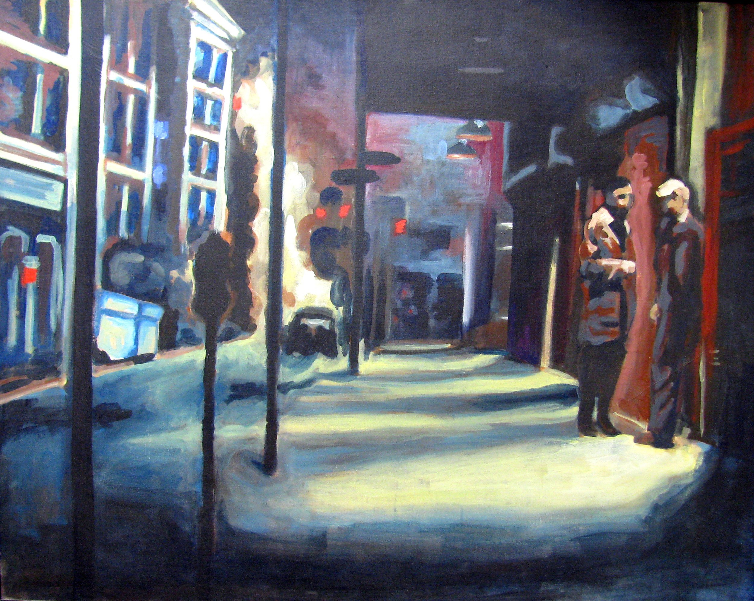 “NIGHT WATCH”, 2017 BY AARON KRONE
23 IN X 40 IN. ACRYLIC.
TWO FIGURES STAND CONVERSING IN AN
EMPTY CITY STREET ON A WINTER EVENING. 
-
LOCATION: WICHITA, KS (USA)
HTTPS://KRONEAARON.WIXSITE.COM/AARO
NKRONE