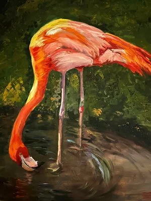 Cindy Sussman MD - 

Yardley, Pennsylvania. 
“Thirsty Flamingo" 
Oil on wood
16 x 20 in