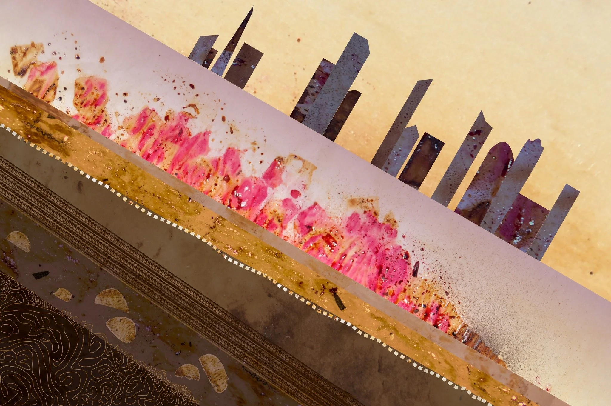 Janaki V - 
California.

"Cityscape atop Humus, Underground, After Hours" 
Digital/print
6 x 4 in