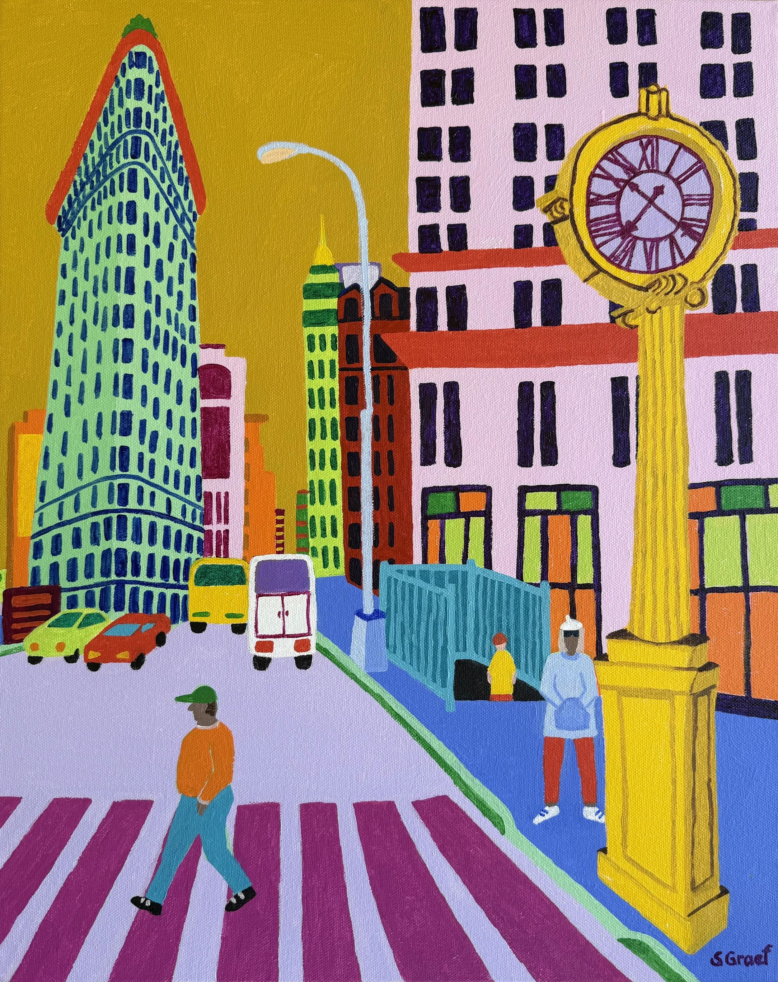 Clock at the Flatiron is a beautiful vibrant pop art painting by Sue Graef