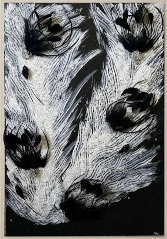 Diana Kemp -
California. 
“VALKYRIE'S WING”
Acrylic, molding paste, feathers, beads, and glass on black canvas
24 x 36 in