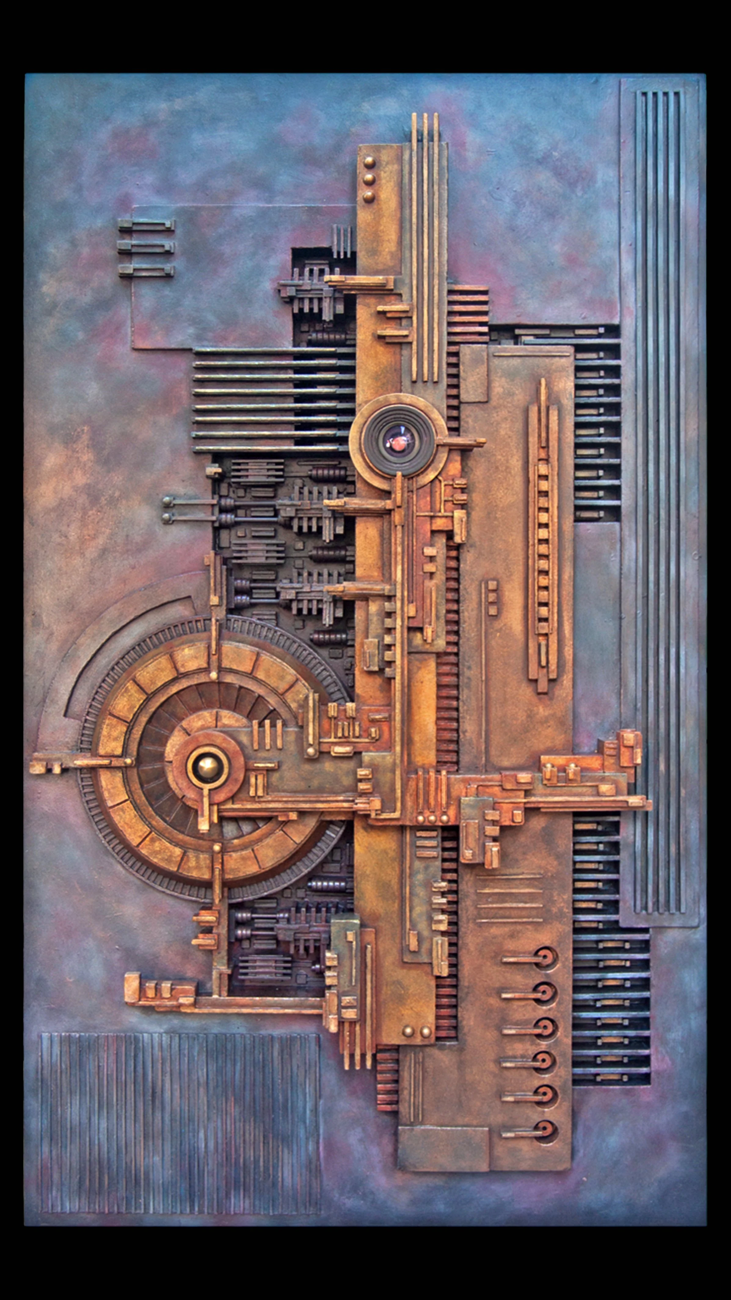 Robert Obier - Baton Rouge, Louisiana - “Atlantis AI - Oracle of the Silicone God” 
Mixed Media on Wood
35 × 60 in