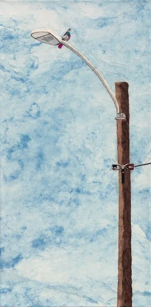 Virginia Primozic - 

Gallup, New Mexico. "Yertle's Rival" 
Paper on canvas
10 x 20 in