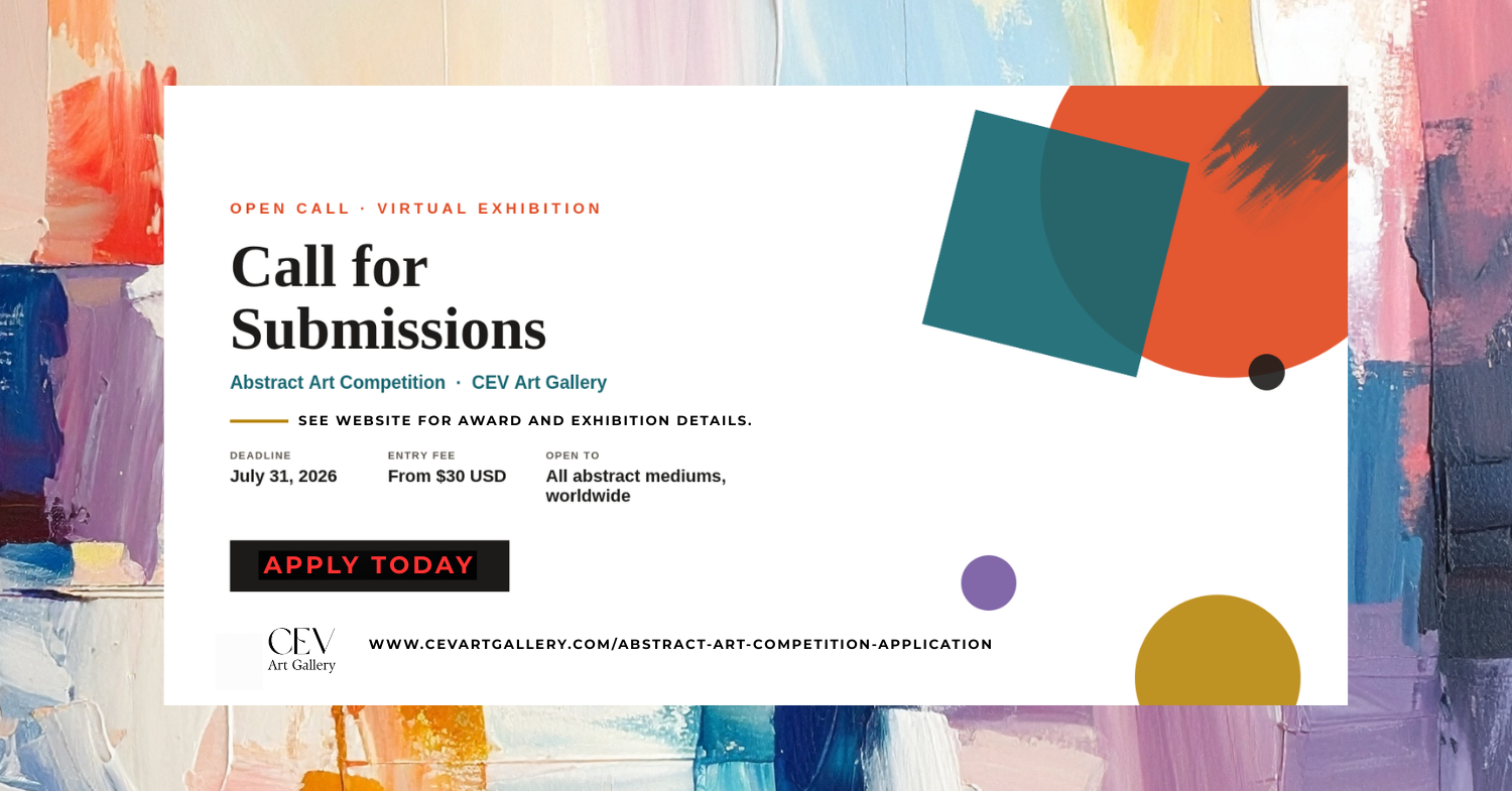 A colorful flyer displaying abstract art works requesting call for entries