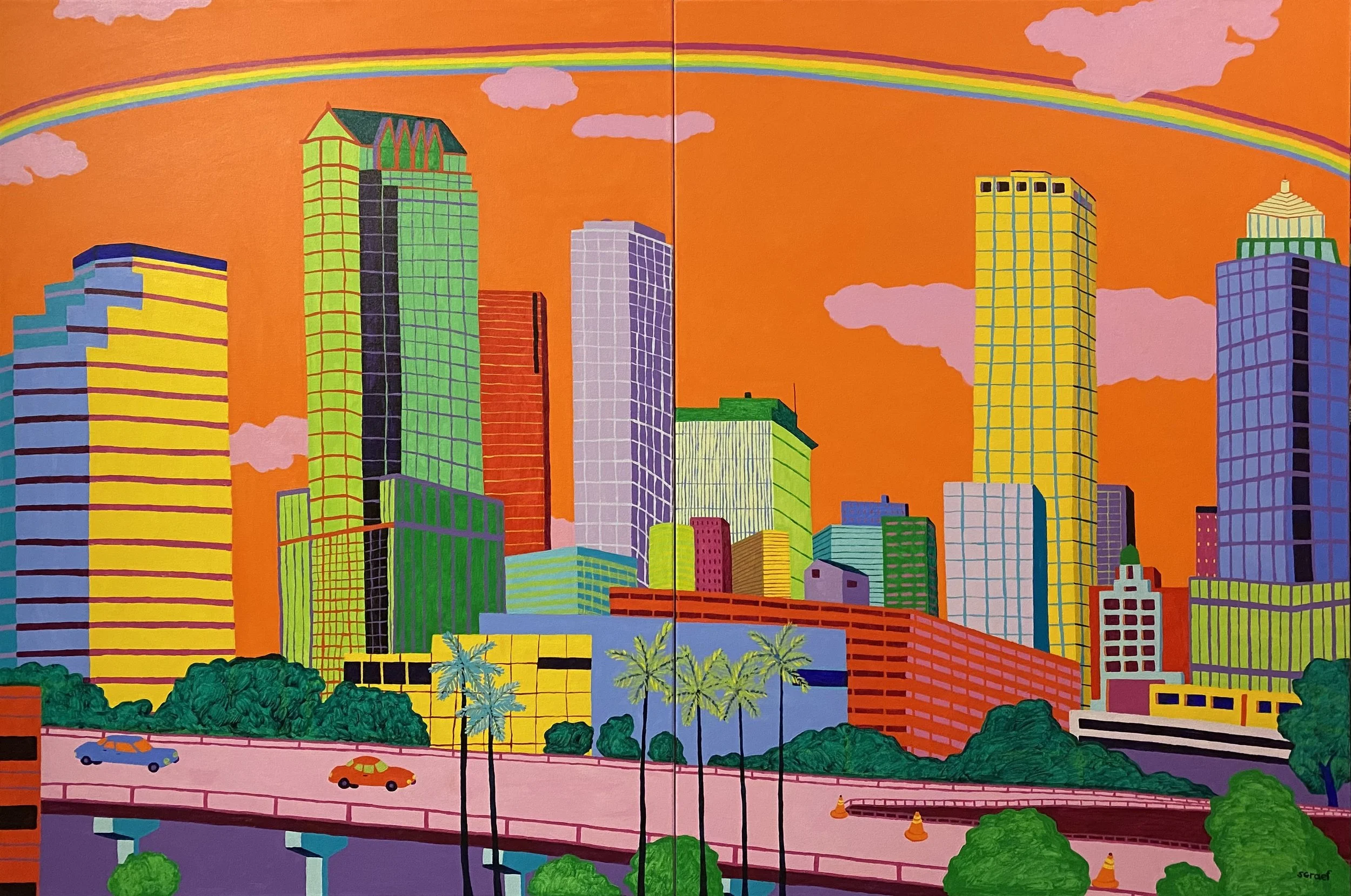 Tampa Skyline Rainbow by Sue Graef, a bold pop-art style painting of downtown Tampa's skyscrapers under an orange sky with a rainbow and palm trees