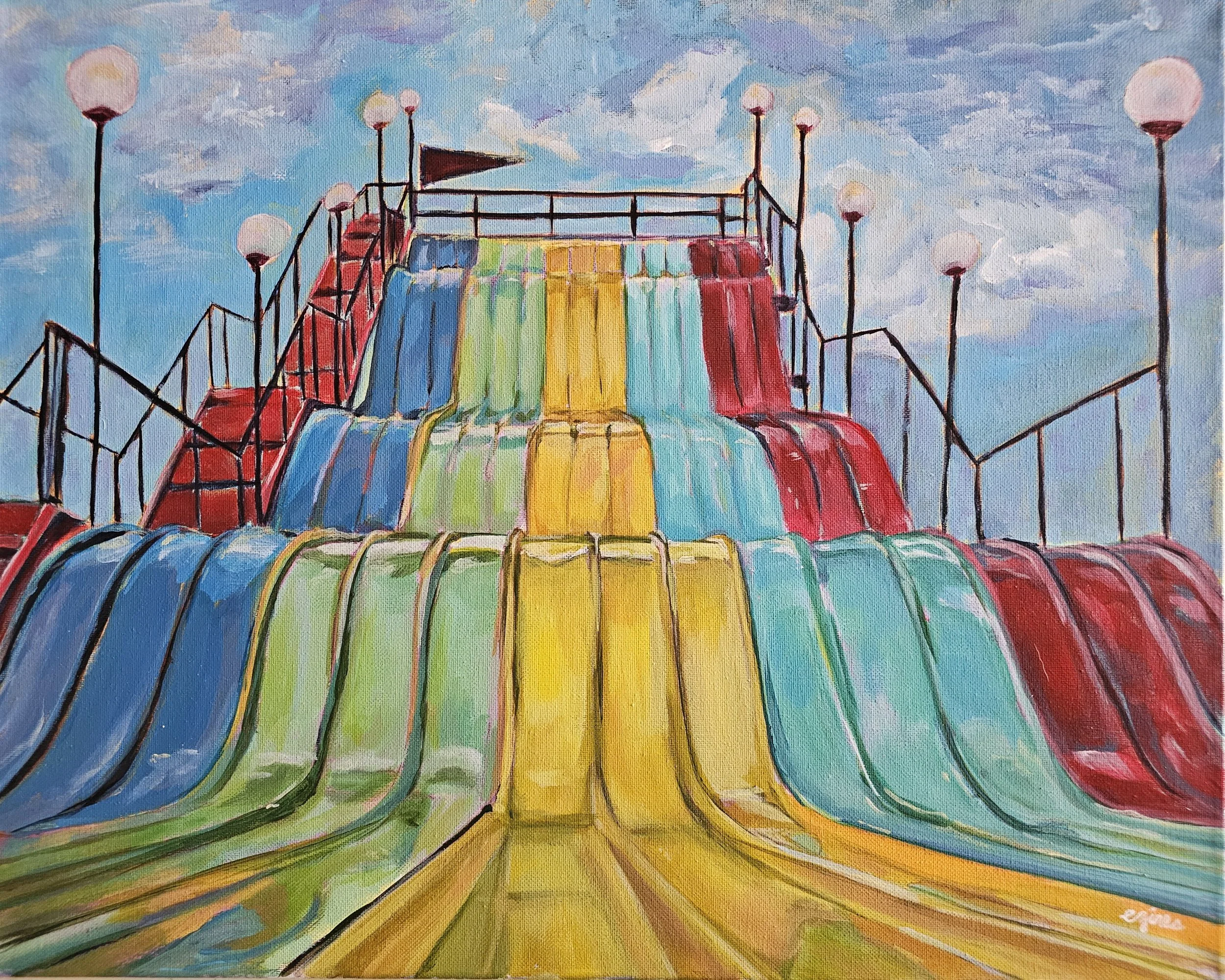 "Highslides," 2025. Acrylic on canvas. 16 in x 20 in by 2nd place winner, Erin Zines