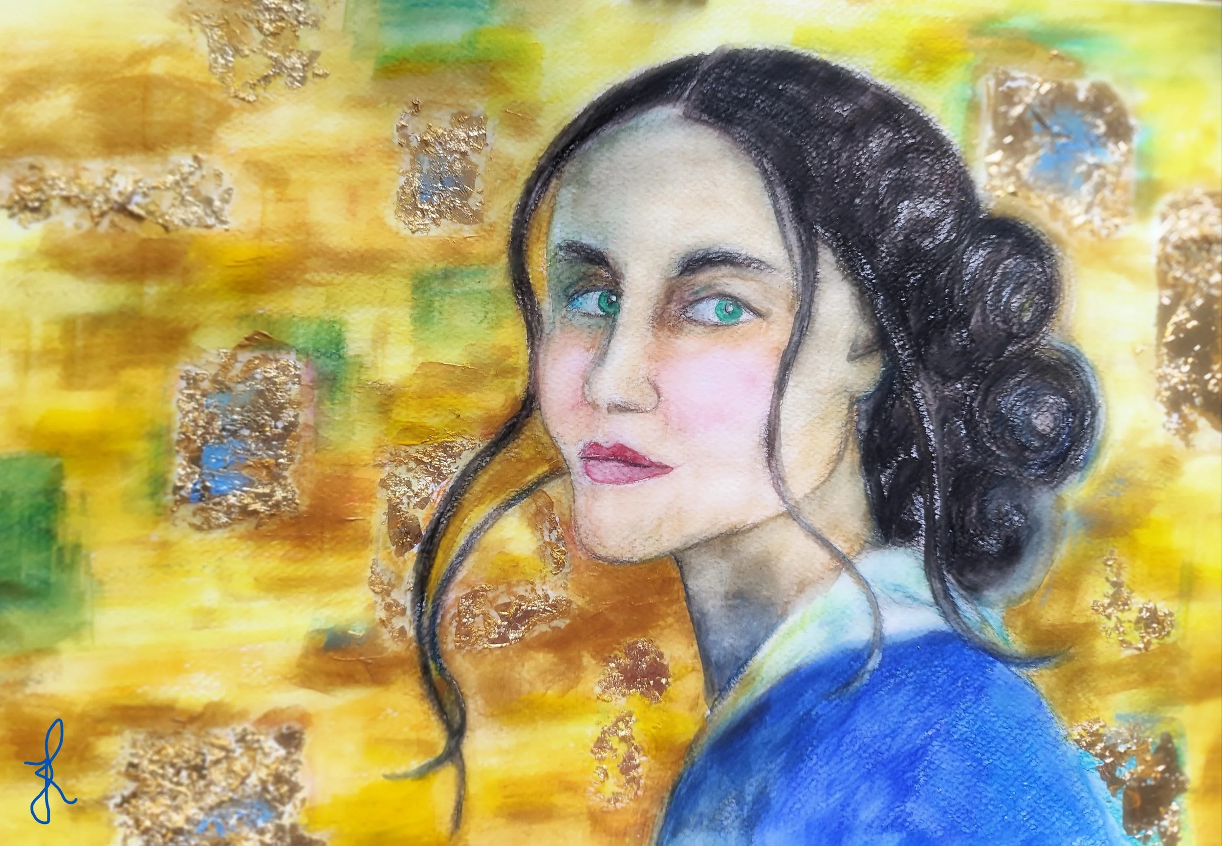“The girl with emerald eyes”, watercolor, gold leaf. 42 x 56 cm