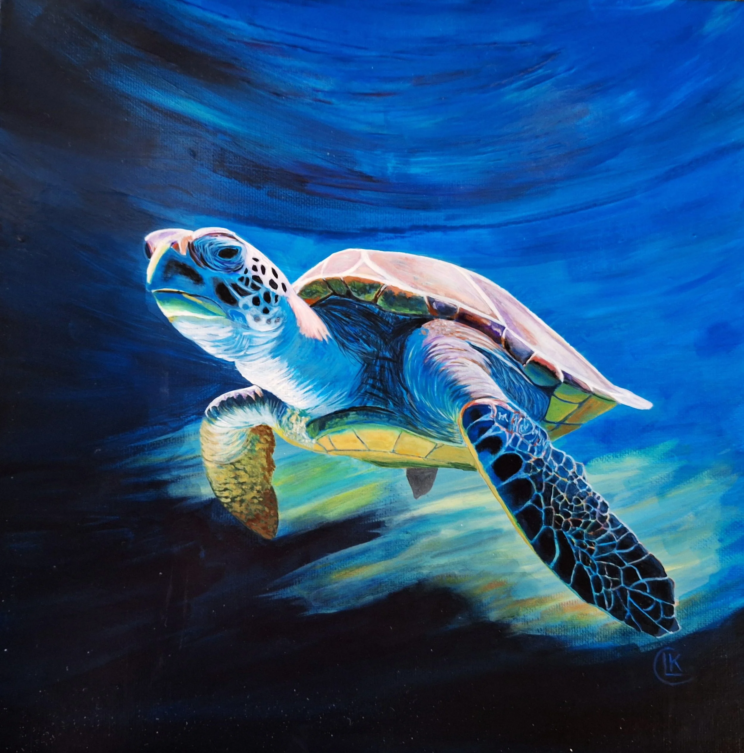 "Green in Blue," 12 x 12 in, Acrylicsn, oil on canvas