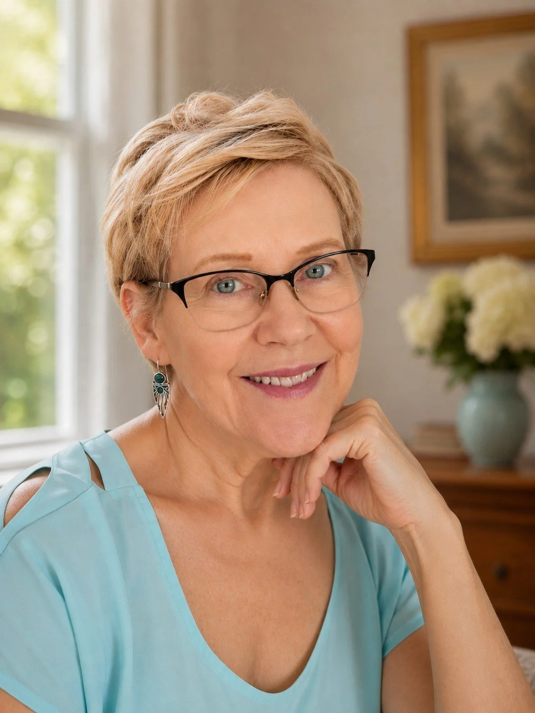 Portrait of artist Lisa Clark smiling while seated in her home studio, wearing glasses and a light blue top.