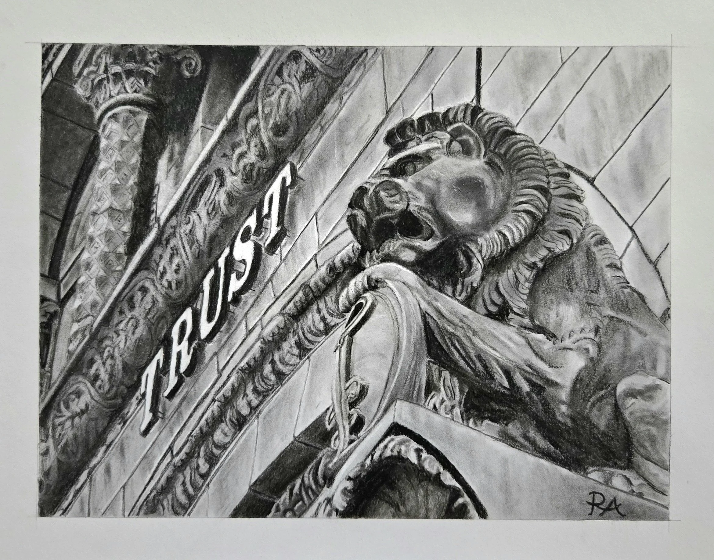 Richard Amori - 
Detroit, Michigan. "Bank and Trust Building, Detroit MI"
Charcoal on paper
10 x 8 in