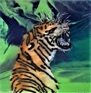 Barb Byrne Glass - 

Lee's Summit, Missouri. 
"Raging Tiger" 
Mixed Media/Glass and enamels
10 x 10 in