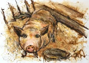 Randy Carboni - 

Bethel, Connecticut.  Piggy Pen" 
Mixed media on paper
19.5 x 13.5 in