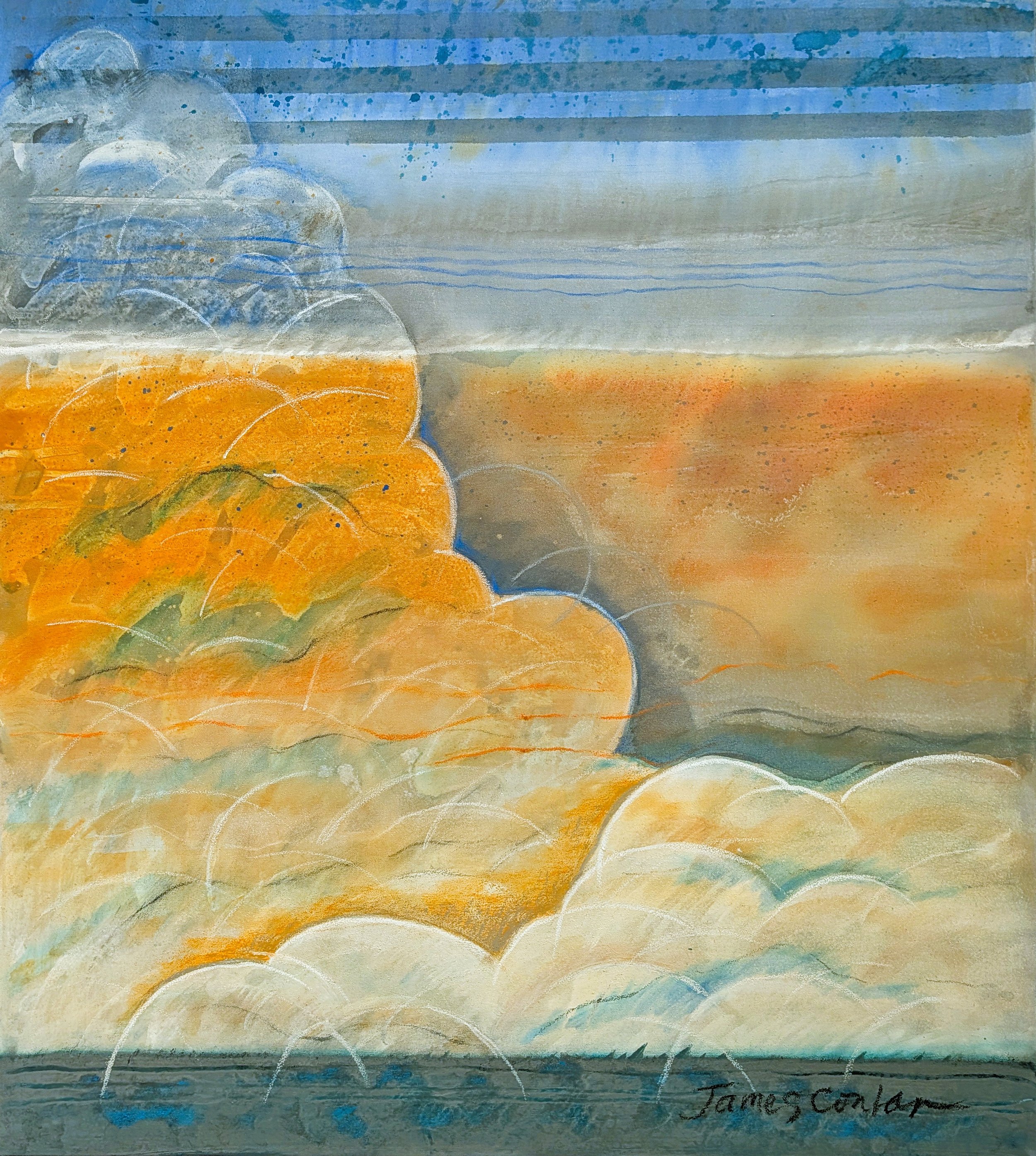 "Weathering," Acrylic, oil pastel on polyester/cotton canvas, 38 x 35 in 