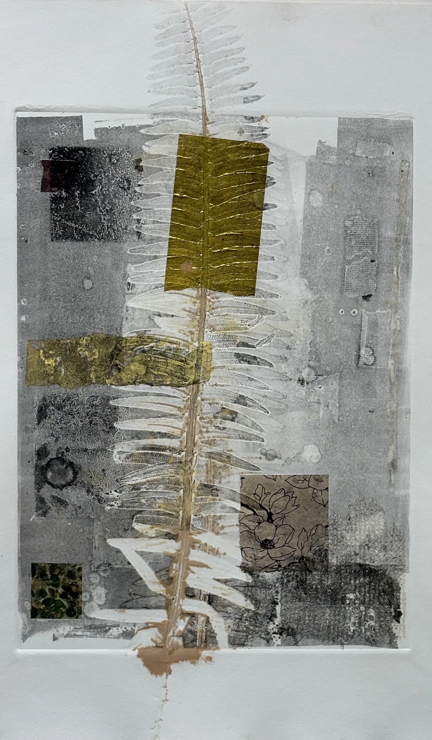 Denise Owen - Oakland, California - “Sword Fern Ghost” 
Mono-type with collage on paper.
15 × 22 in
