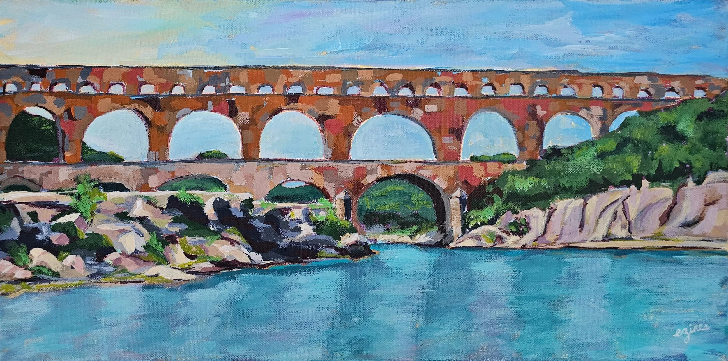 "Pont du Gard" 12 in x 24 in, acrylic on canvas board