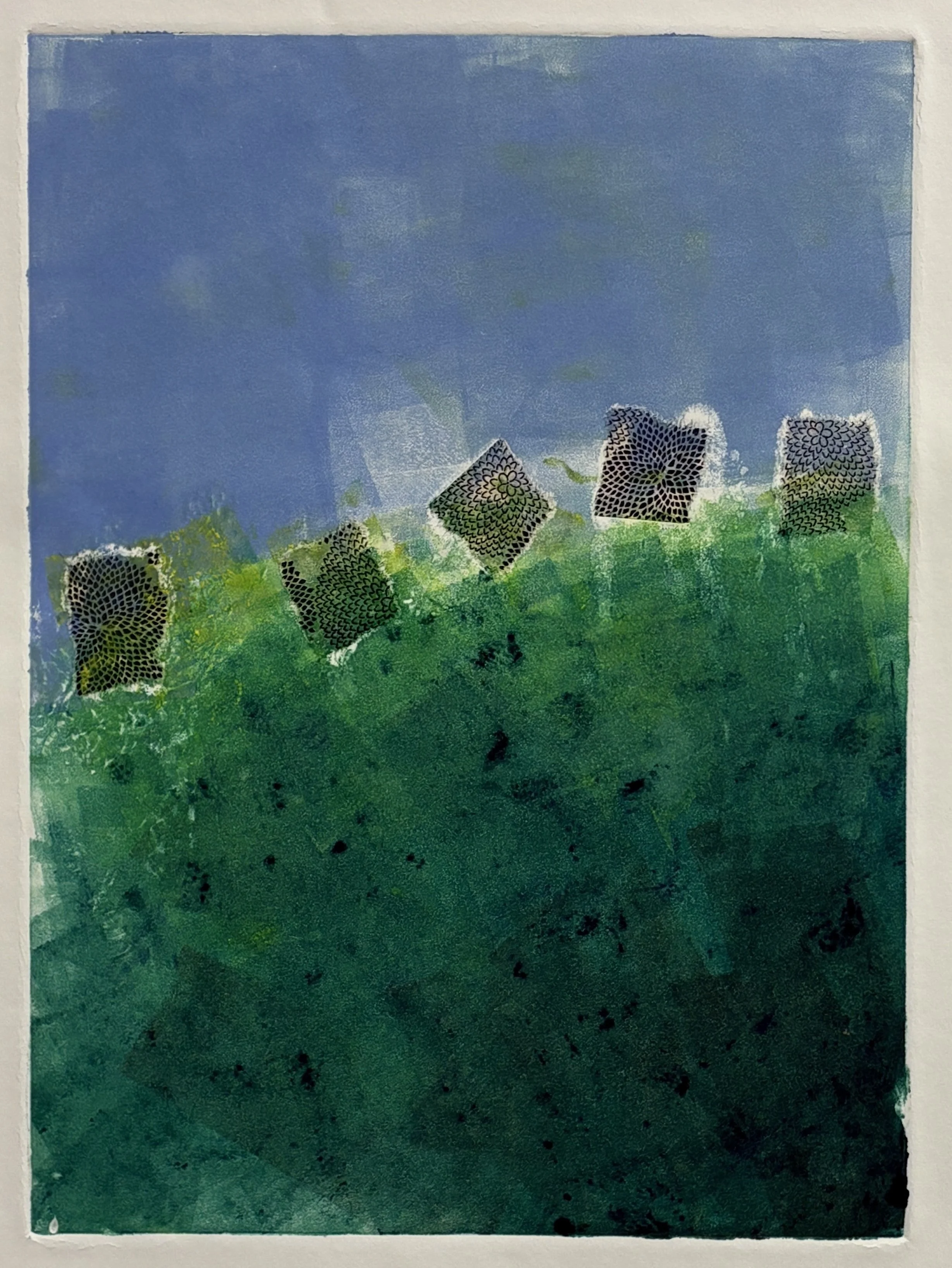 Denise Owen - Oakland, California - “5 Trees” 
Mono-type with collage on paper.
15 × 22 in