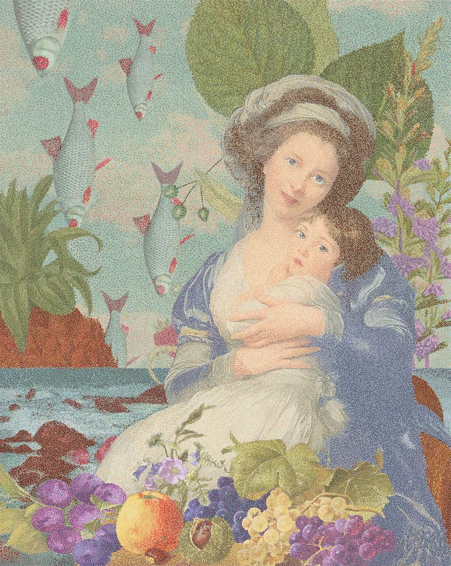 "Mother and Child by the Sea" 24.5 in x 20.75 in, Micro-Pointillism, Corel Painter 