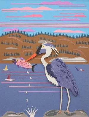 Chuck Moshontz -

Portland, Oregon. "Lopez Island Heron" 
Giclee print of a collage: cardboard, card stock, construction paper and a UHU glue stick
28 x 22 in