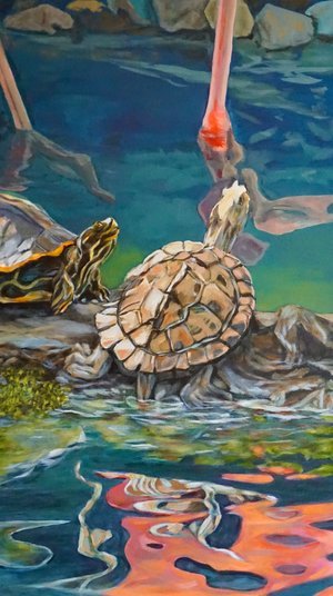 Carol Sims - 

Salem, Oregon. “Turtles and Flamingo" 
Acrylic on canvas
24 x 48 in
