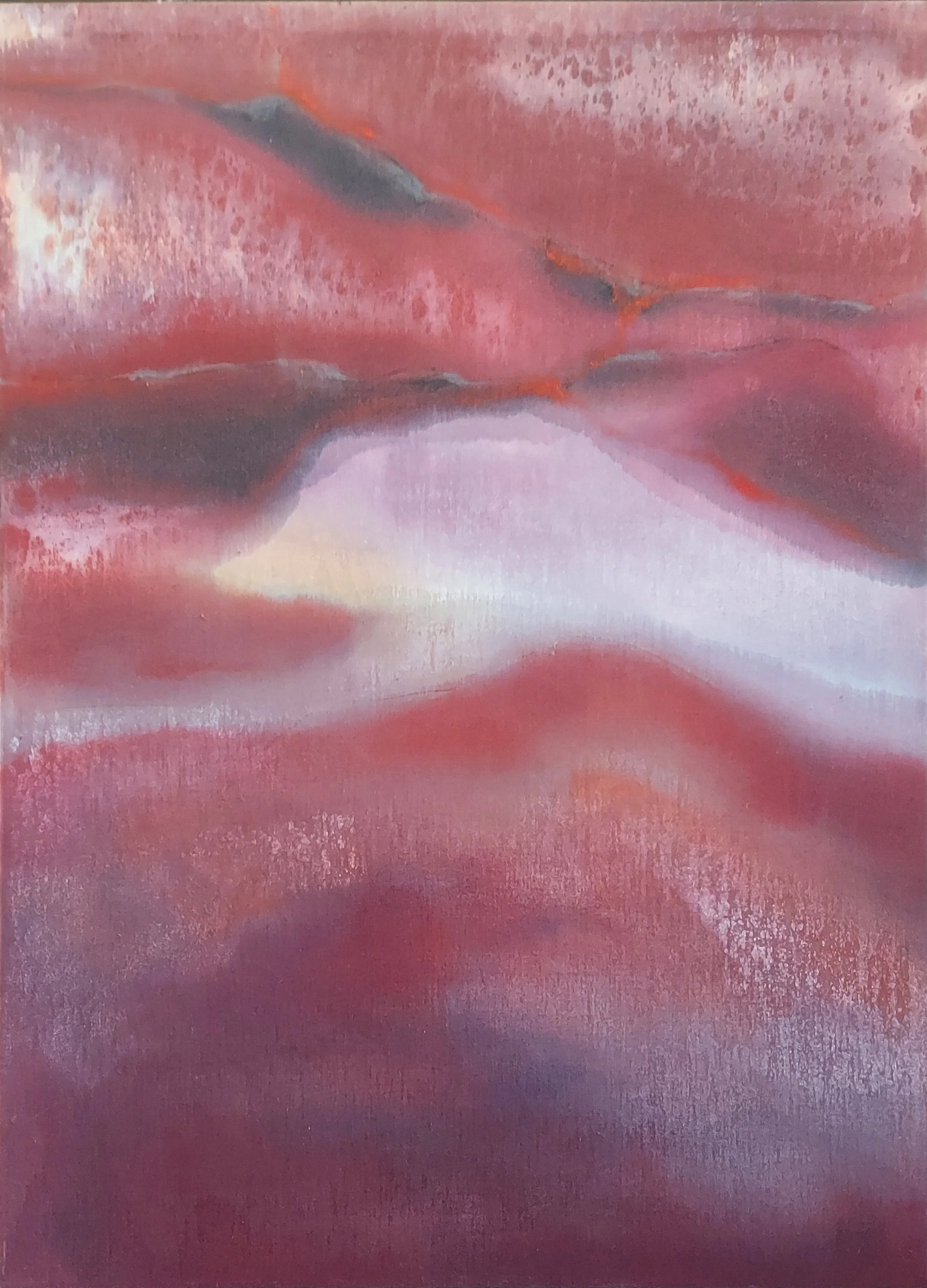 "Ode, a Long Red Dawn," Acrylic, charcoal on polyester/cotton denim, 1/2 x 34 1/2 in