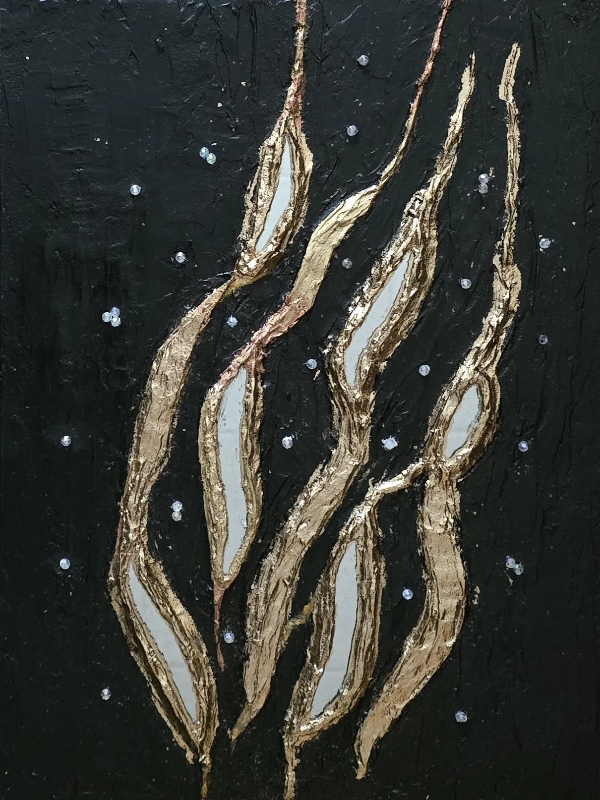 Valentina Ritorova - 
Latvia.

"Music of Spheres" 
Acrylic & texture paste on cardboard, metal leaf, mirror elements, glass beads
30 x 40 cm