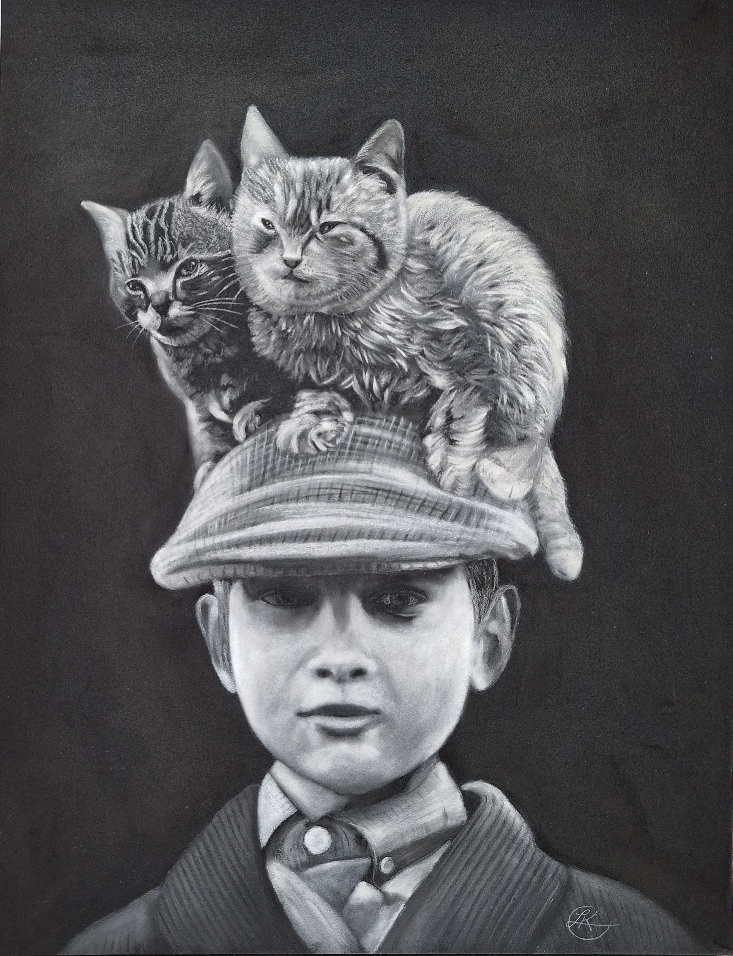 “Cats on the Hat,” 9 x 12 in, Pastels