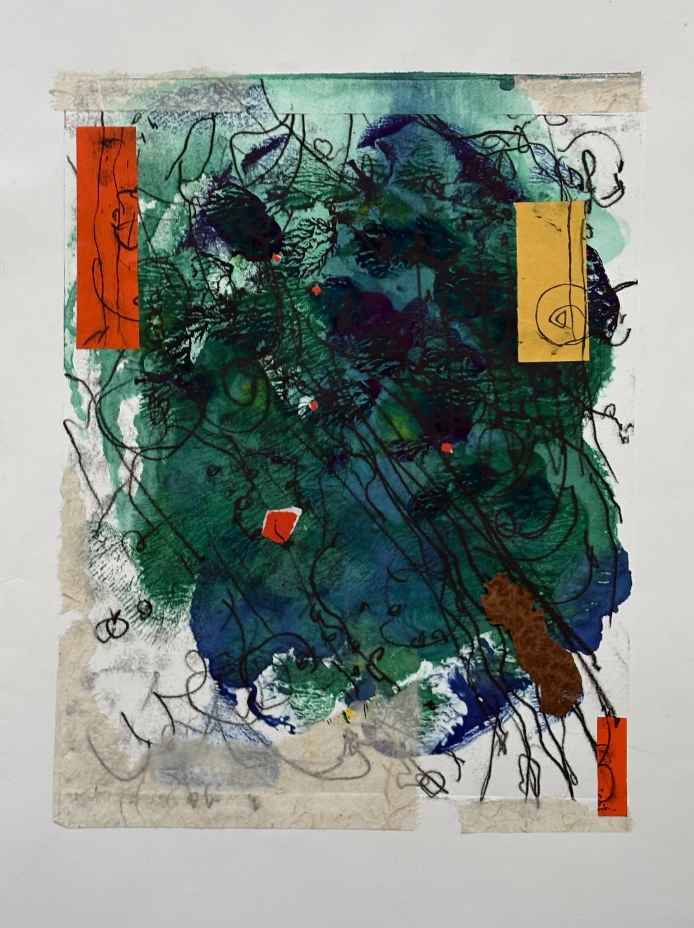 Denise Owen - Oakland, California - “Decalcomania” 
Mono-type with collage on paper.
15 × 22 in