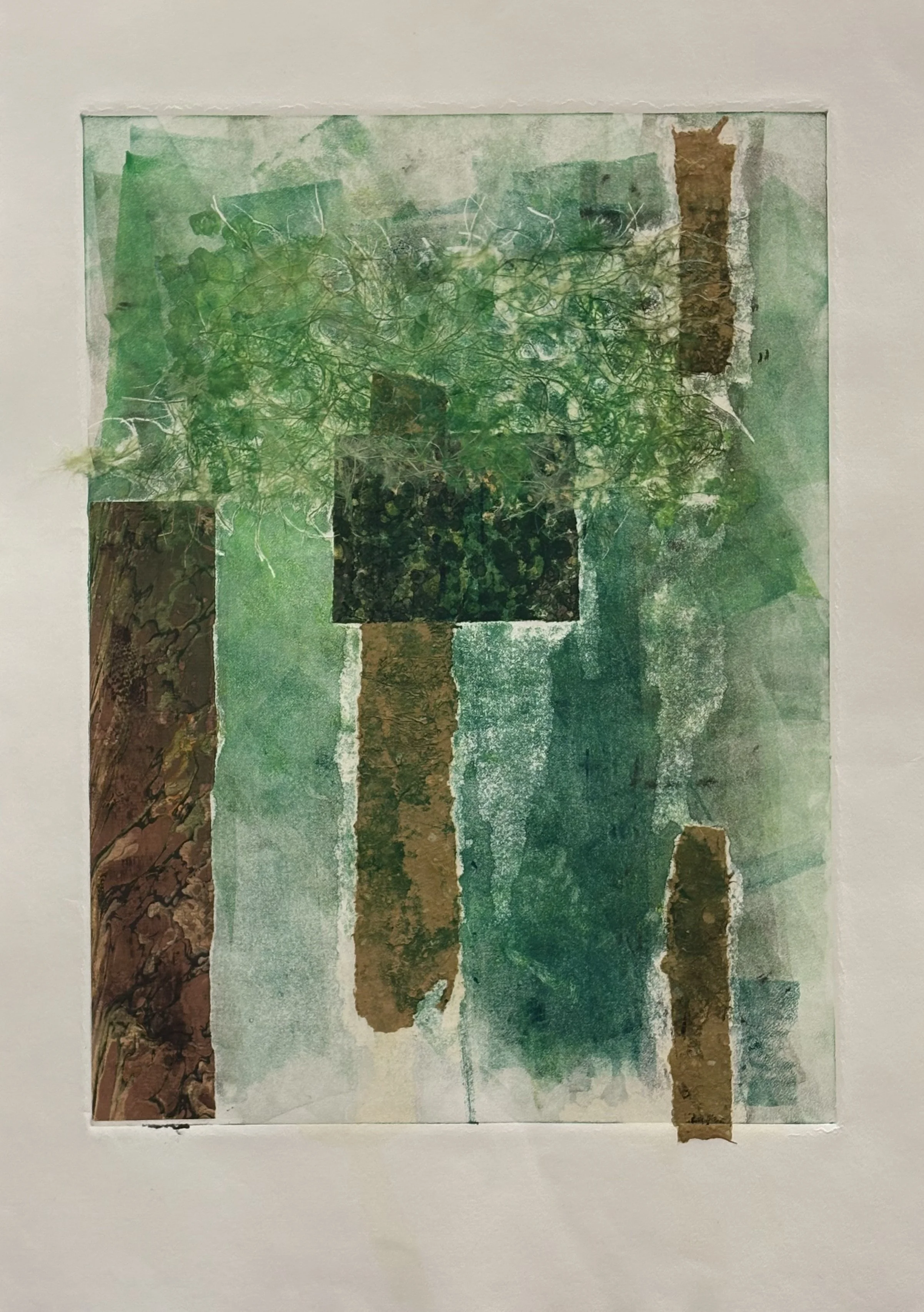 Denise Owen - Oakland, California - “Big Green Trees” 
Mono-type with collage on paper.
15 × 22 in