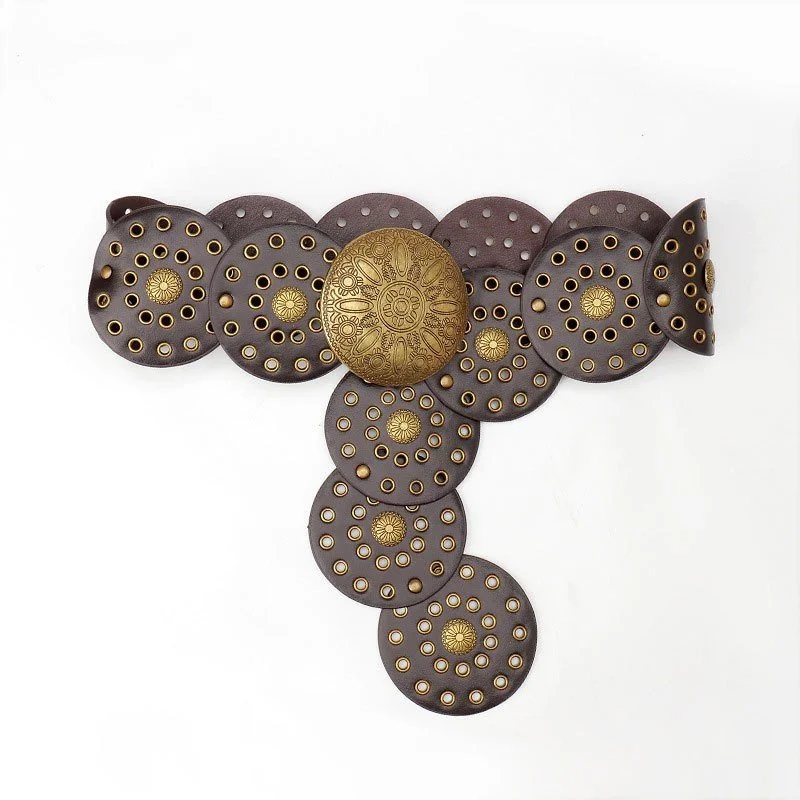 Western Studded Circular Disc Snap Punk Belt - Dark Brown.jpg