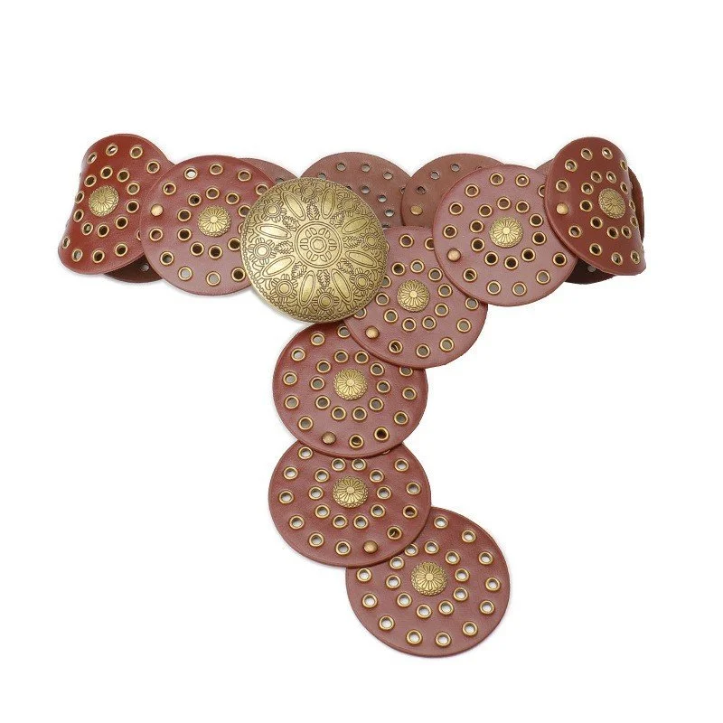 Western Studded Circular Disc Snap Punk Belt - Brown.jpg