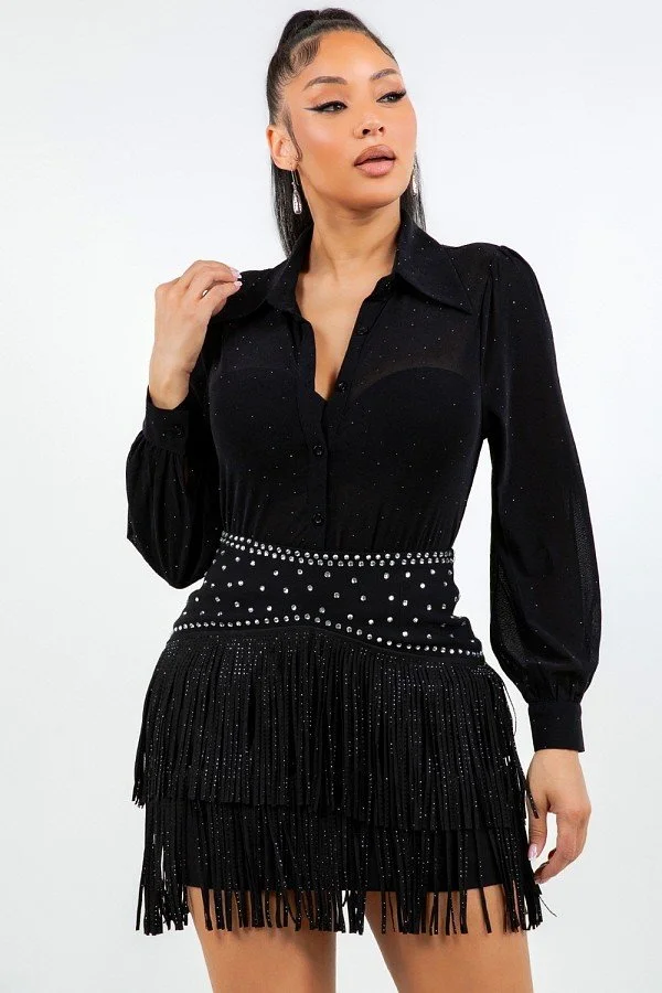 Luna Sheer & Rhinestone Button Down Collared Shirts