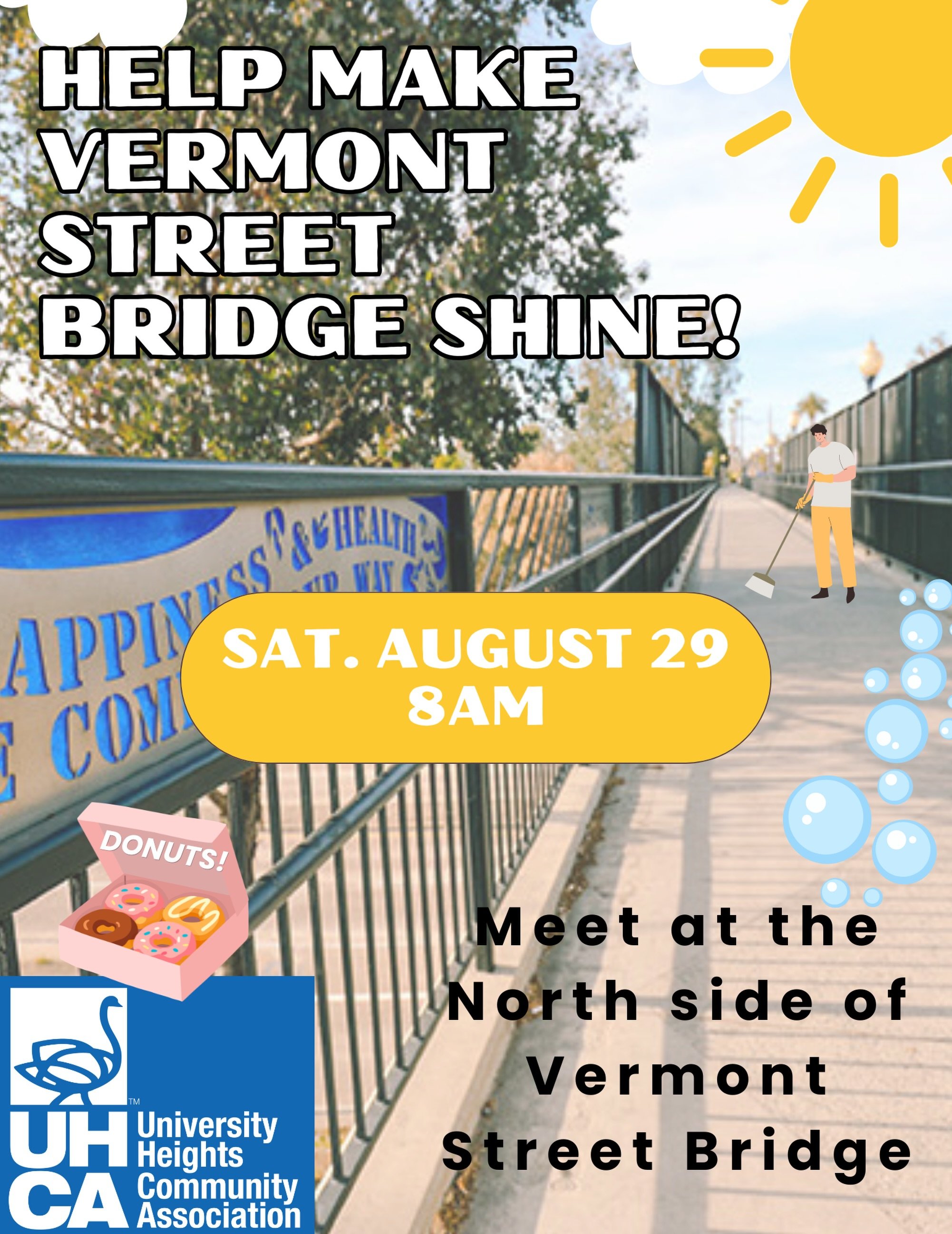 We&rsquo;re rounding up neighbors to help clean up the Vermont Street Bridge and get it looking fresh, clean and fabulous.

Saturday, August 29
8:00 AM
Meet on the north side of the Vermont Street Bridge

Bring a friend, your community spirit, and we