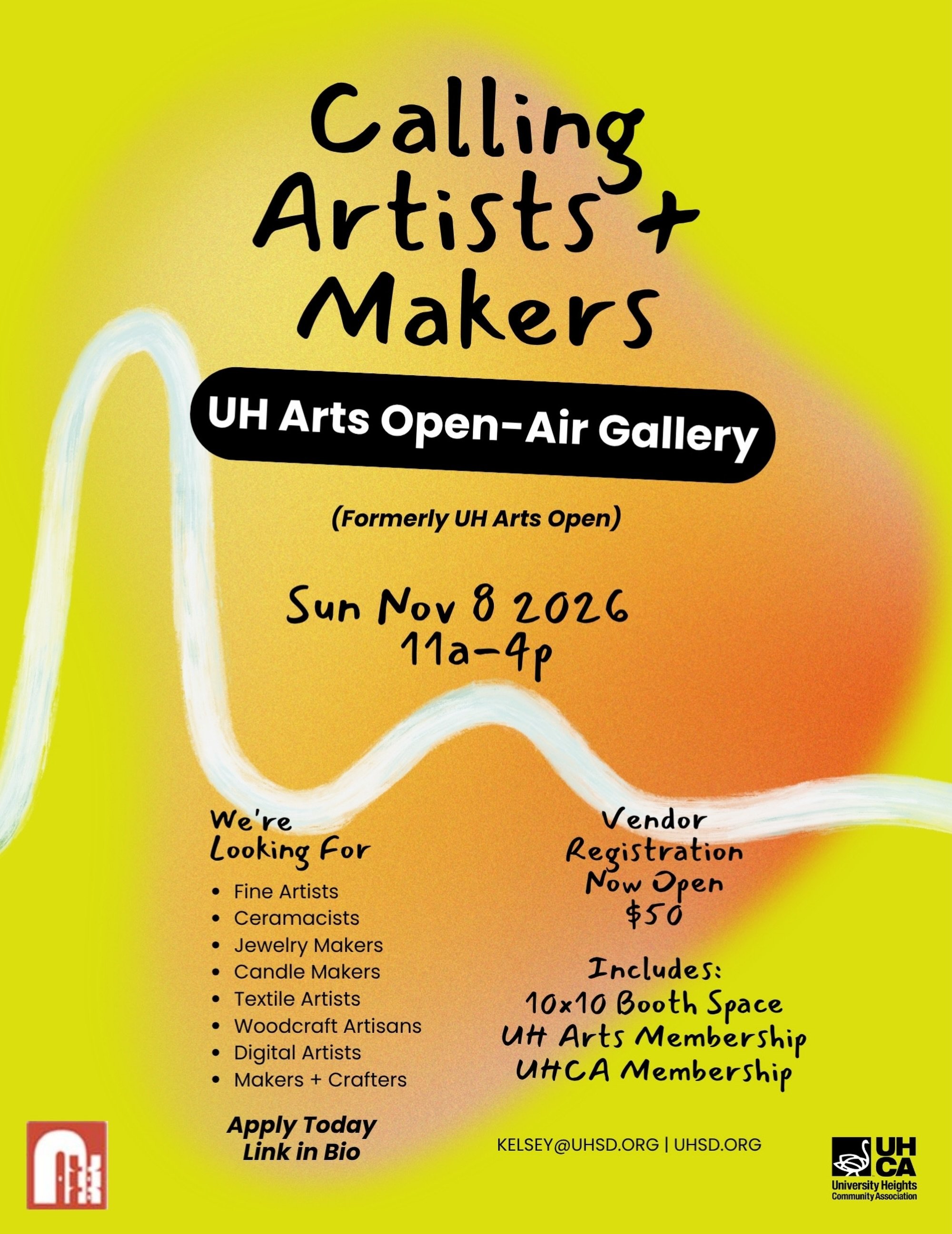 Calling all makers and artists!  Vendor applications now open for University Heights Arts Open-Air Gallery 2026
(Formerly UH Arts OPEN)

Event Details:
Sunday, November 8th, 2026.
11a-4p
Load in starts 9am
Load out by 5pm

The University Heights Arts
