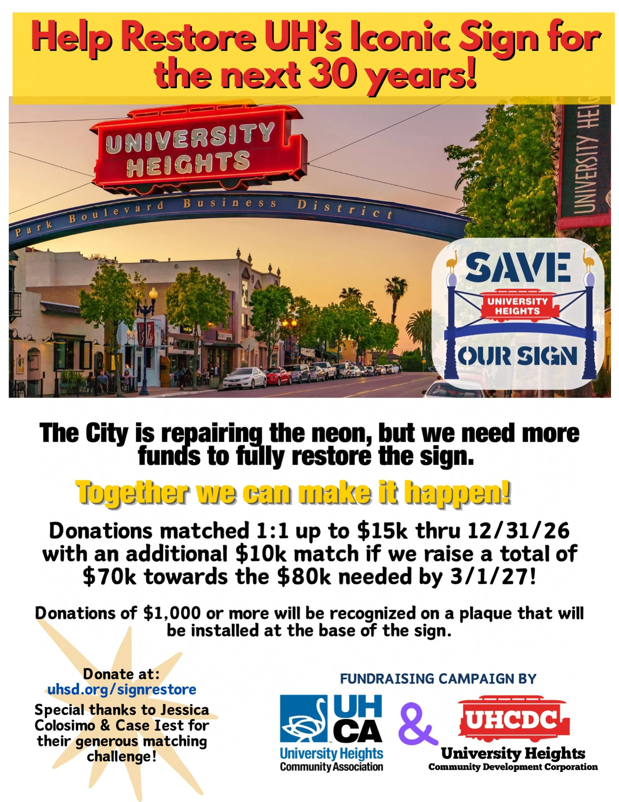 SAVE OUR SIGN! 

Our iconic University Heights sign is getting some much needed repairs! The City is replacing the neon and electrical components now, but that&rsquo;s just Phase 1.

Next up: $80,000 in repairs and repainting to restore the metal, tr
