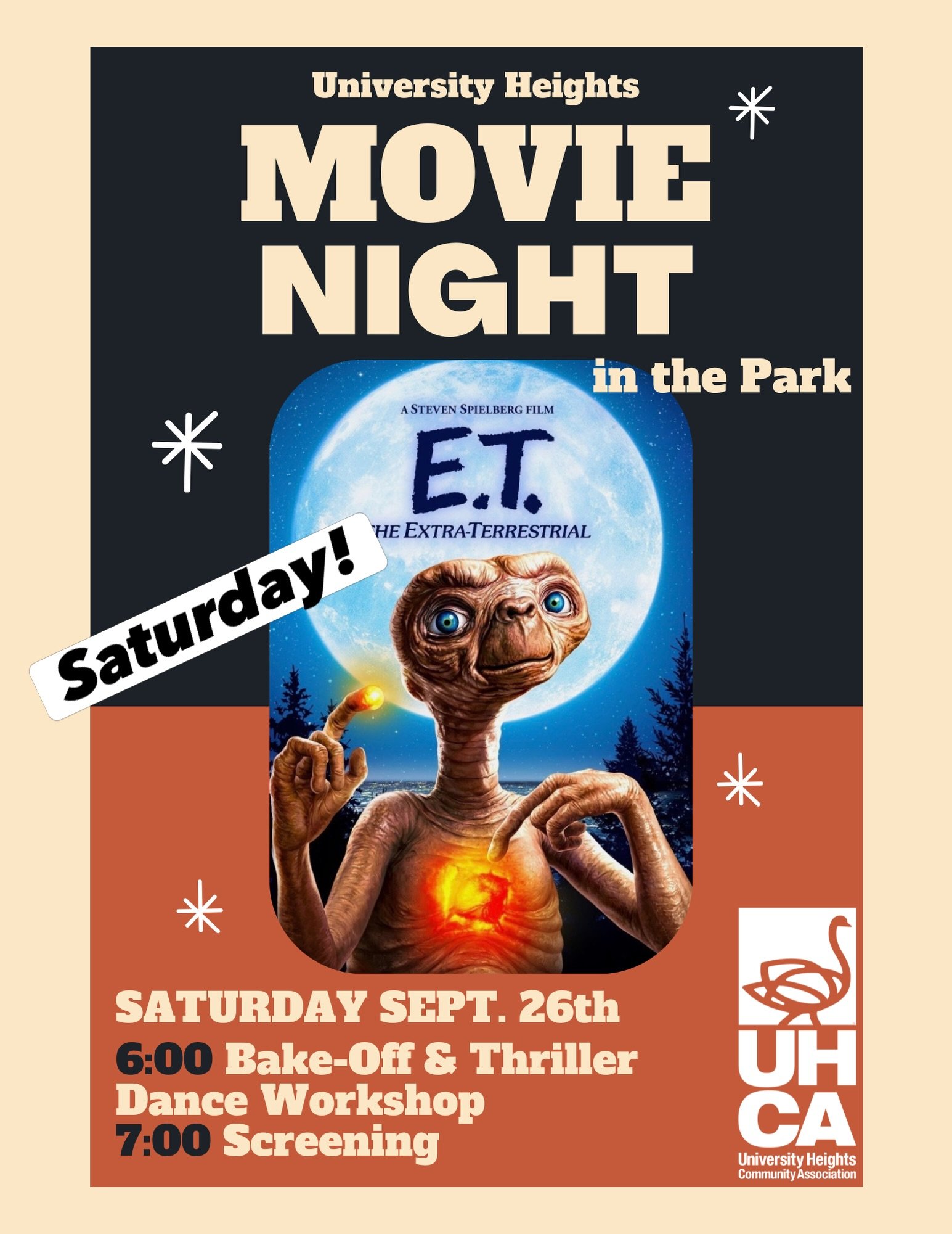 THIS Saturday, Sept. 26th - Movie Night in Trolley Barn Park!

6:00 PM &mdash; The Great UH Bake-Off (Cookies, Cakes &amp; Pies, Brownies &amp; Bars) - $10 for a ballot to judge the baked goods! 

Then - 🧟 Thriller Dance Workshop by @tapfever &amp; 