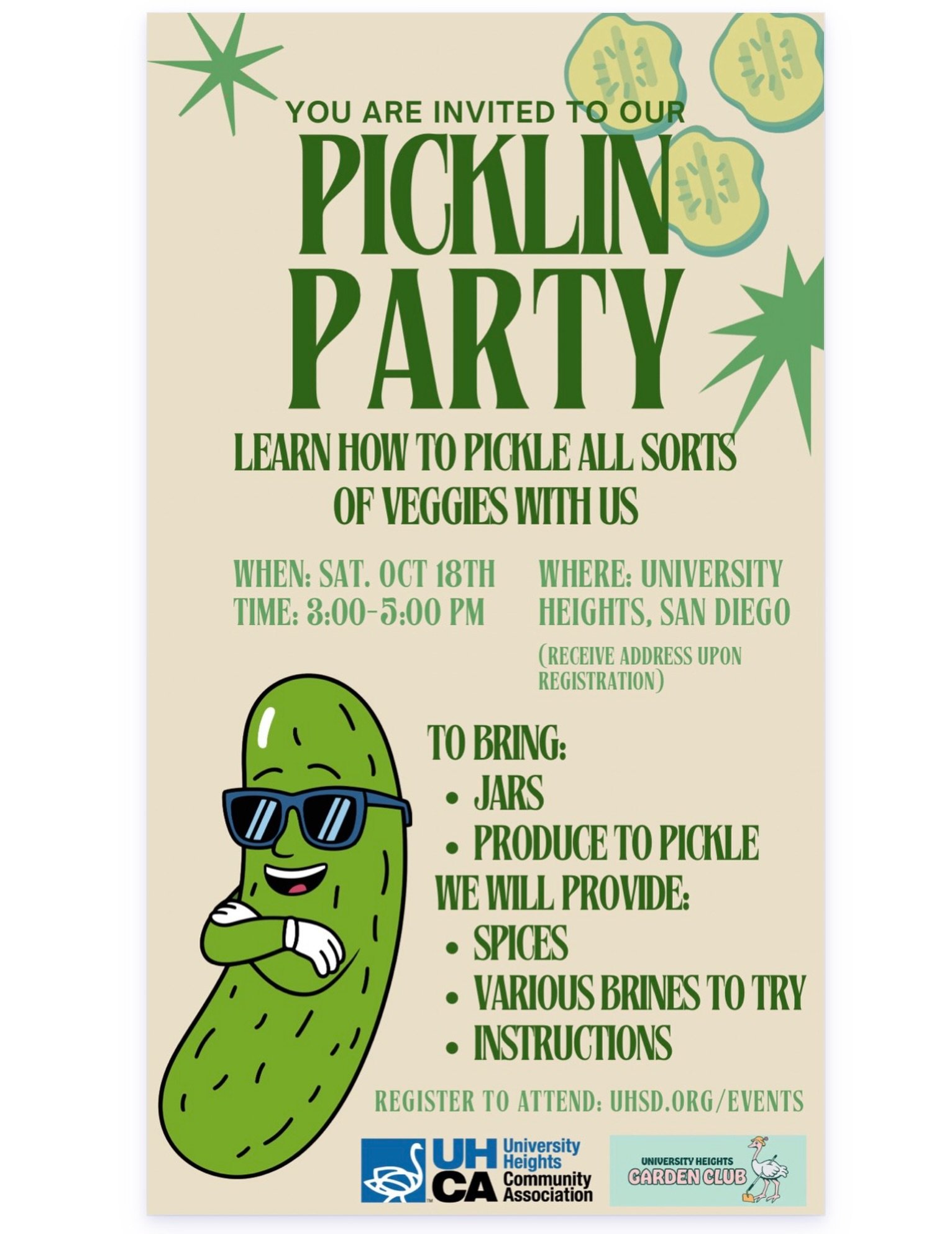 PICKLE PARTY, ANYONE?!

Get ready to turn your favorite veggies into something CRUNCHY, TANGY &amp; DELICIOUS! We&rsquo;re teaming up with the @universityheightsgardenclub for an afternoon of pickling fun. 

Learn how to pickle all sorts of veggies, 